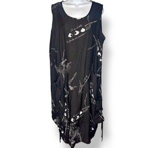 Comfy USA Black Eyes Script Print Sleeveless Dress Relaxed Lagenlook Pockets